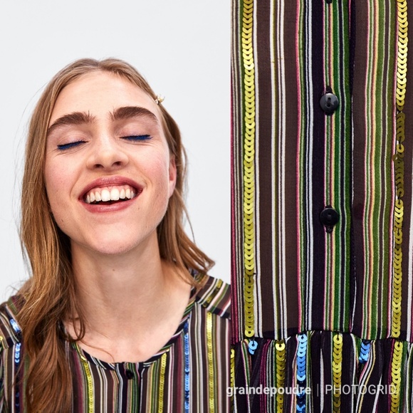 Rare! Zara Sequin Striped Empire Waist Peasant Dress L - Picture 3 of 7